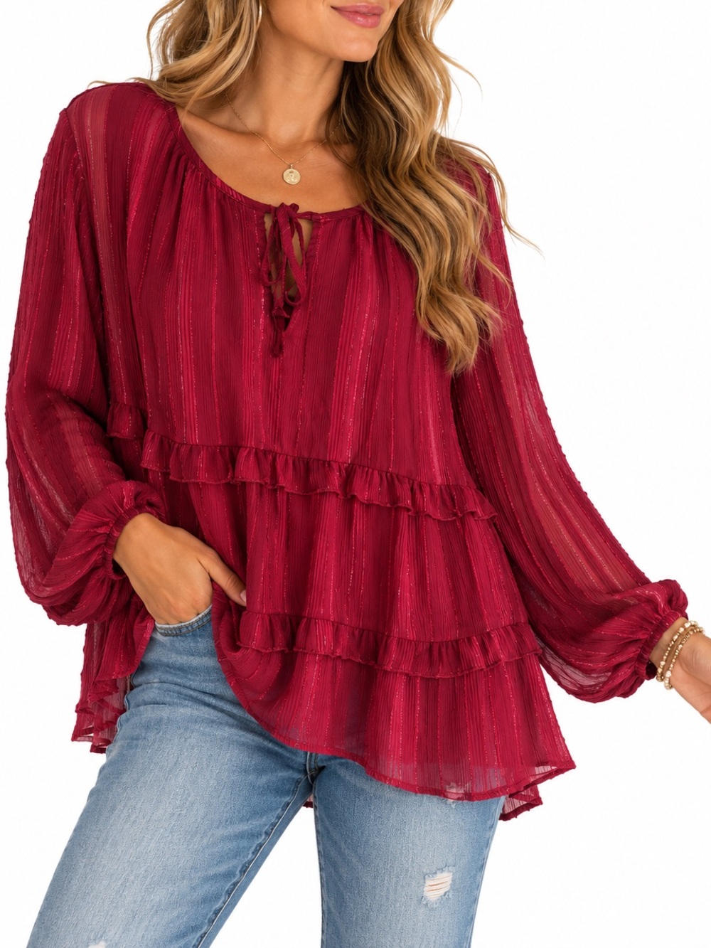 💗FREE WITH PURCHASE💗 Tiered Peasant Blouse in Wine Red